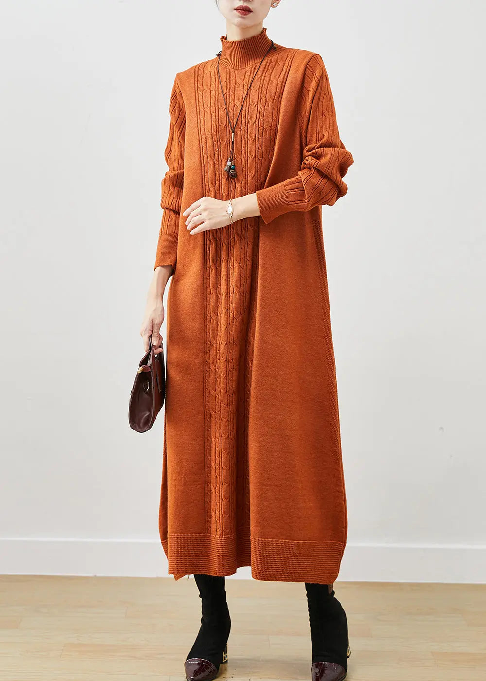 Stylish Orange Oversized Cable Knit Ankle Dress Spring Ada Fashion