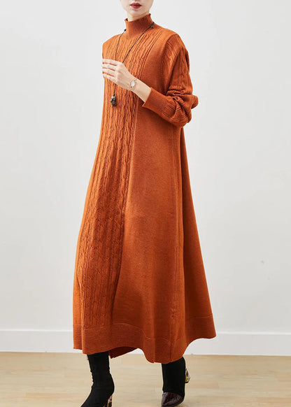 Stylish Orange Oversized Cable Knit Ankle Dress Spring Ada Fashion