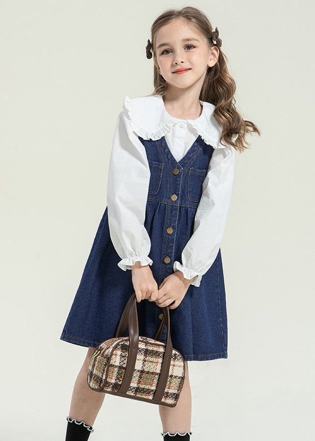 Ensemble deux pièces élégant pour enfant, robe longue et chemise à boutons et col Peter Pan, printemps TG013