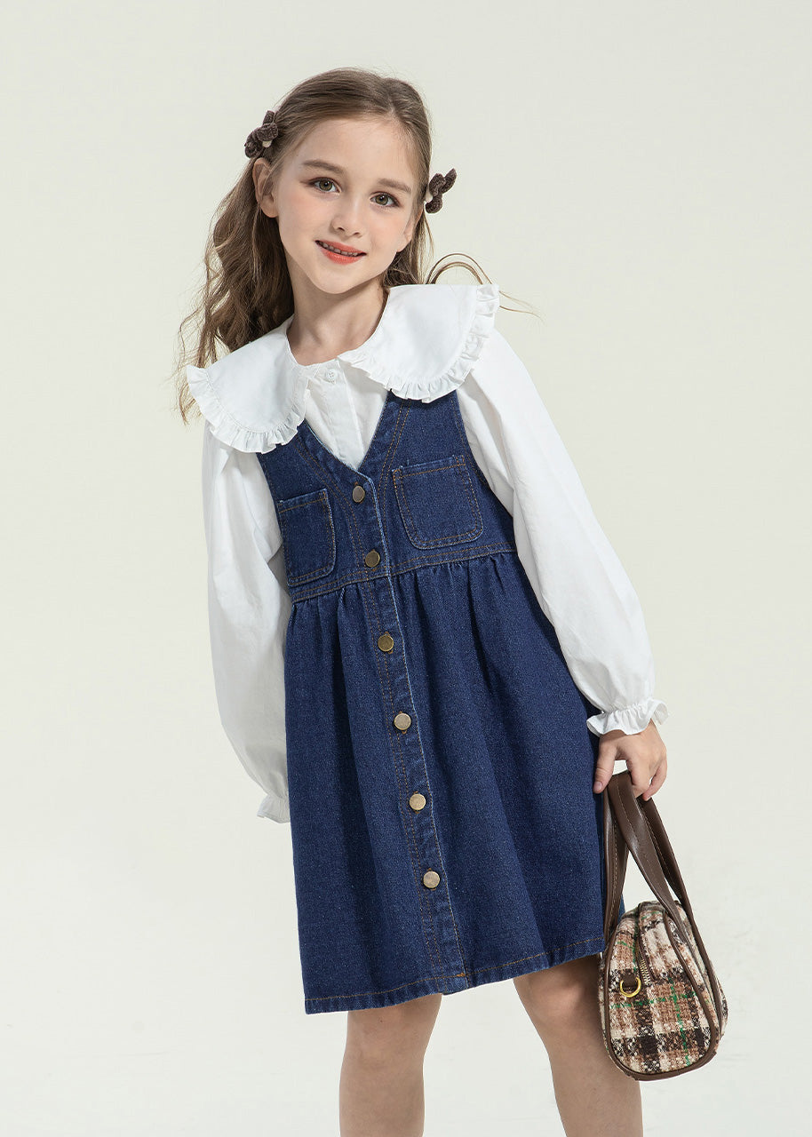 Ensemble deux pièces élégant pour enfant, robe longue et chemise à boutons et col Peter Pan, printemps TG013