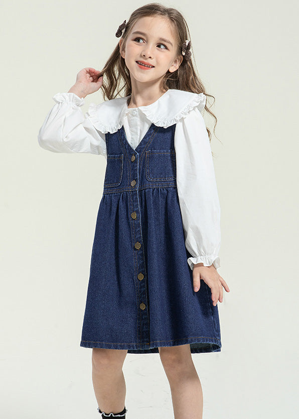 Ensemble deux pièces élégant pour enfant, robe longue et chemise à boutons et col Peter Pan, printemps TG013