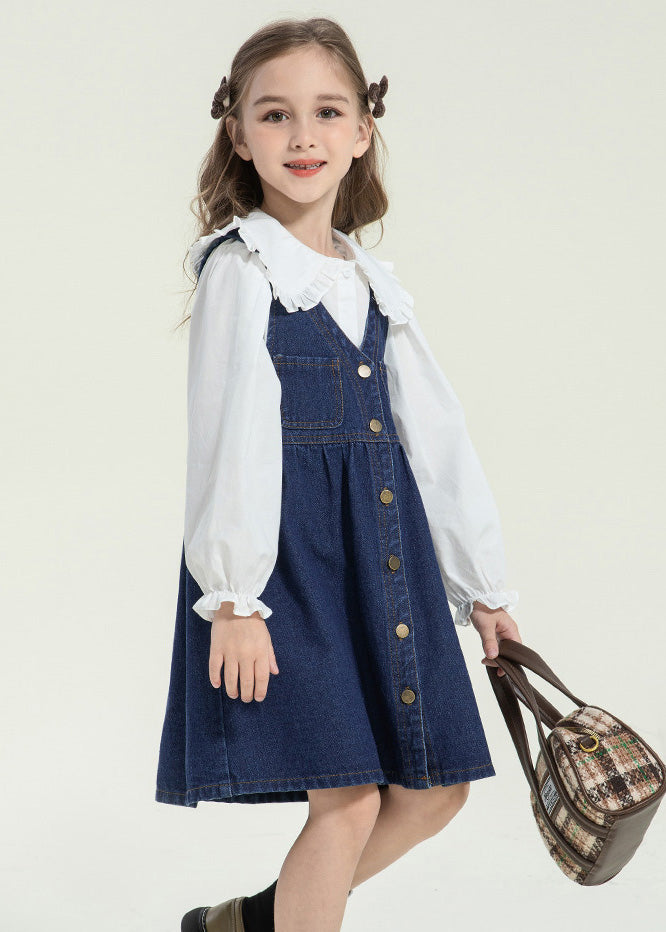 Ensemble deux pièces élégant pour enfant, robe longue et chemise à boutons et col Peter Pan, printemps TG013