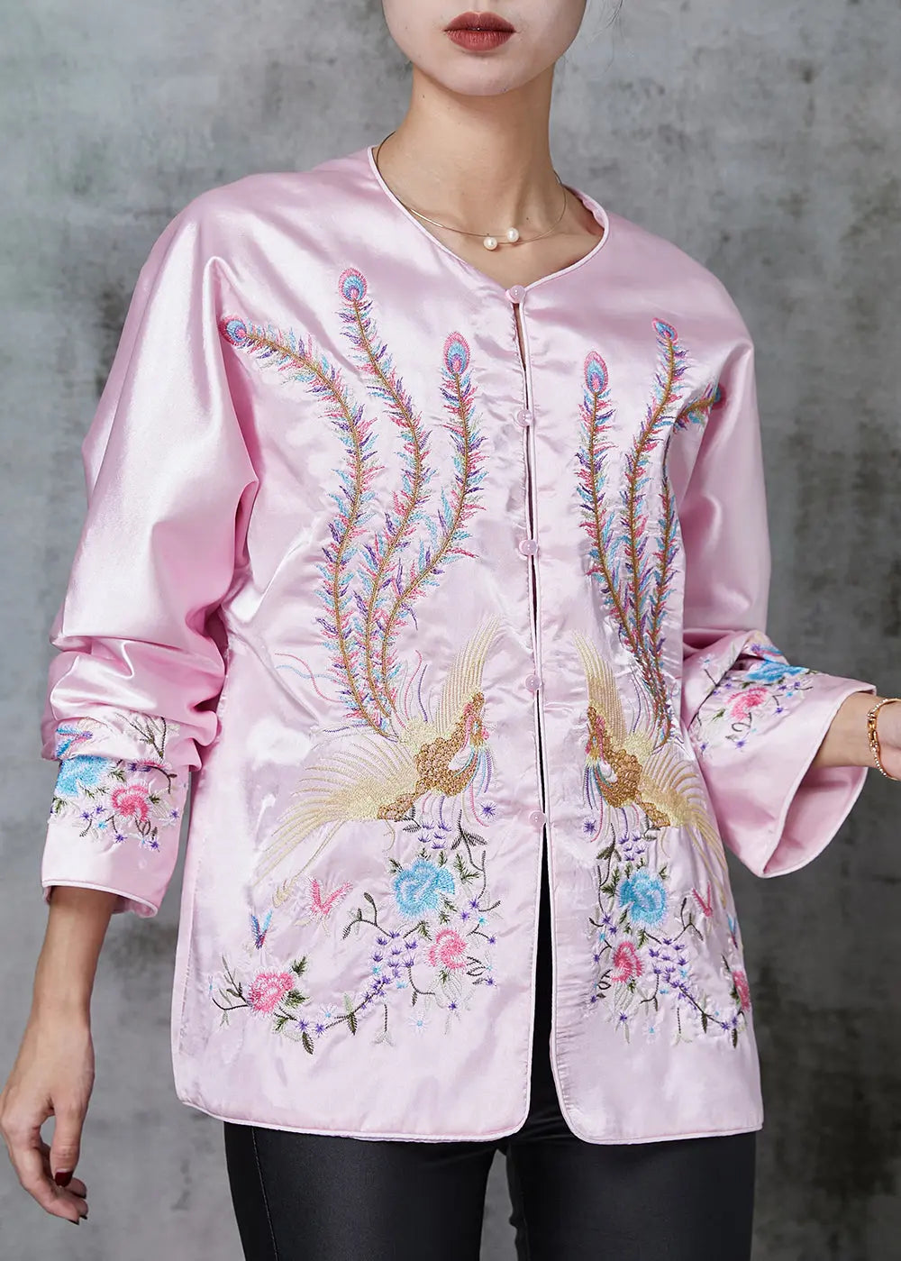 Stylish Pink Embroidered Pockets Silk Jacket Spring Ada Fashion