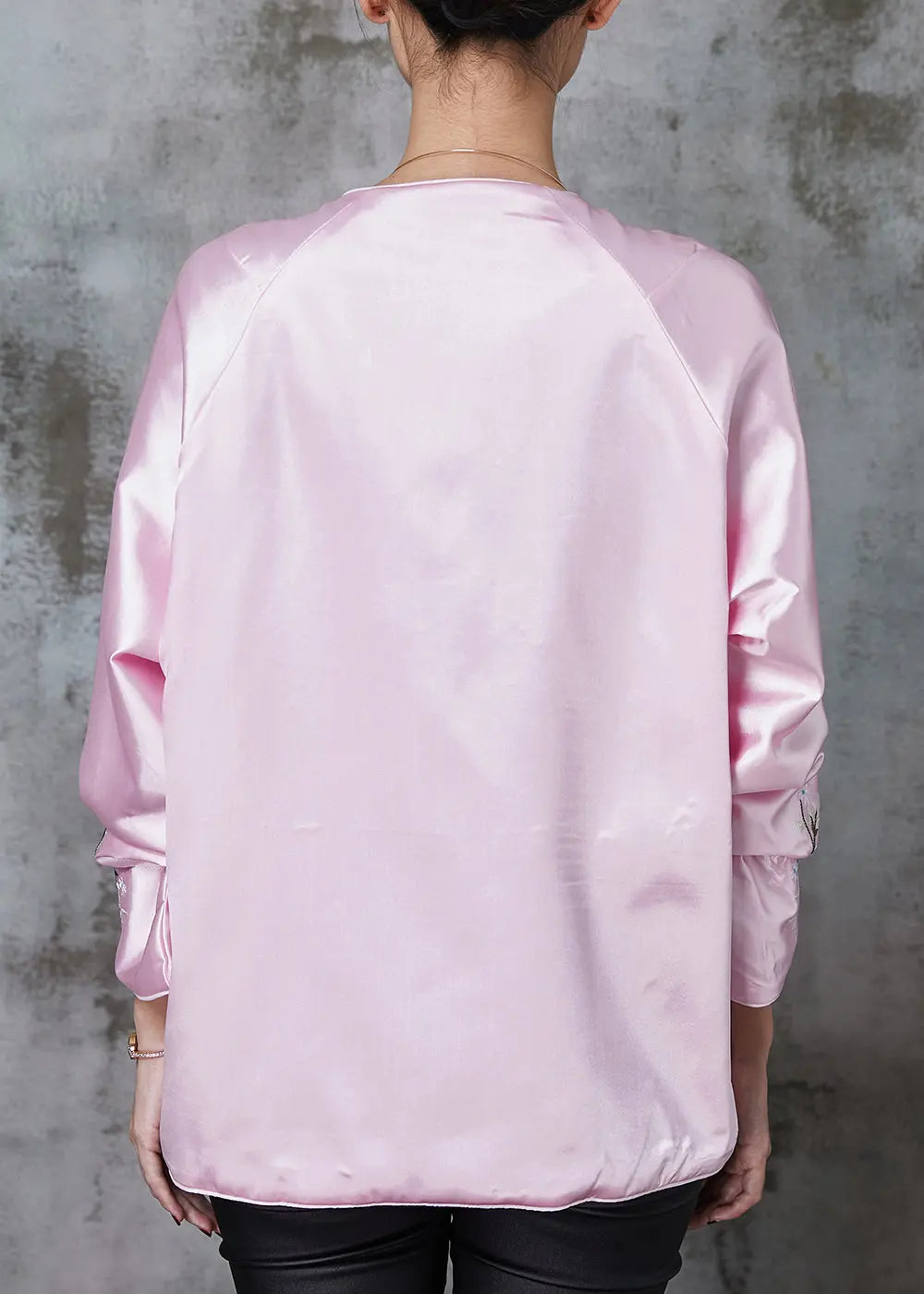 Stylish Pink Embroidered Pockets Silk Jacket Spring Ada Fashion