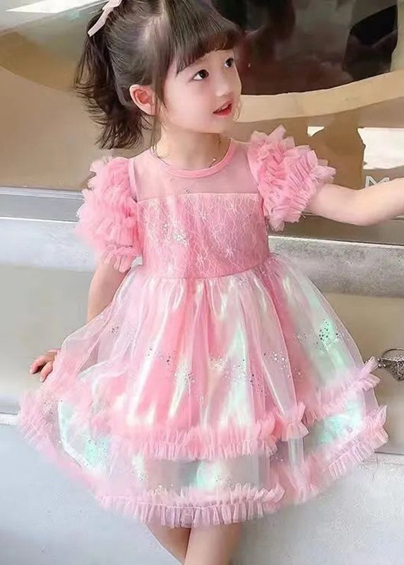 Robe longue en tulle à paillettes florales roses élégantes et flatteuses pour filles, manches courtes EW021