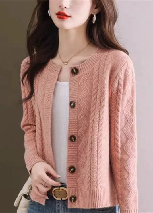 Stylish Pink O Neck Button Woolen Cardigans Fall QA040