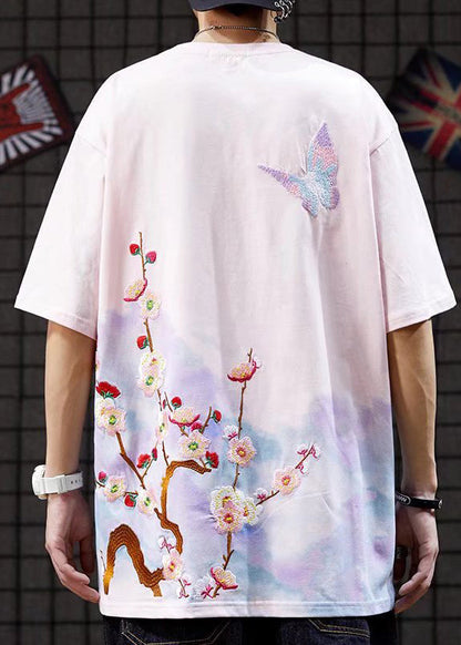 Stylish Pink O-Neck Embroideried Cotton Men T Shirts Summer LK066