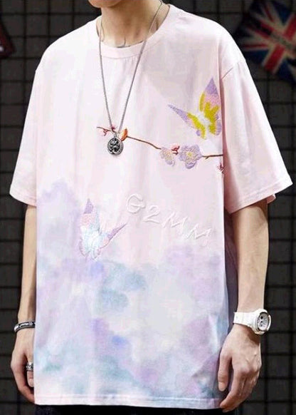 Stylish Pink O-Neck Embroideried Cotton Men T Shirts Summer LK066