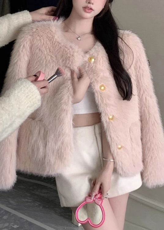 Stylish Pink Pockets Faux Fur Jacket Winter WO021