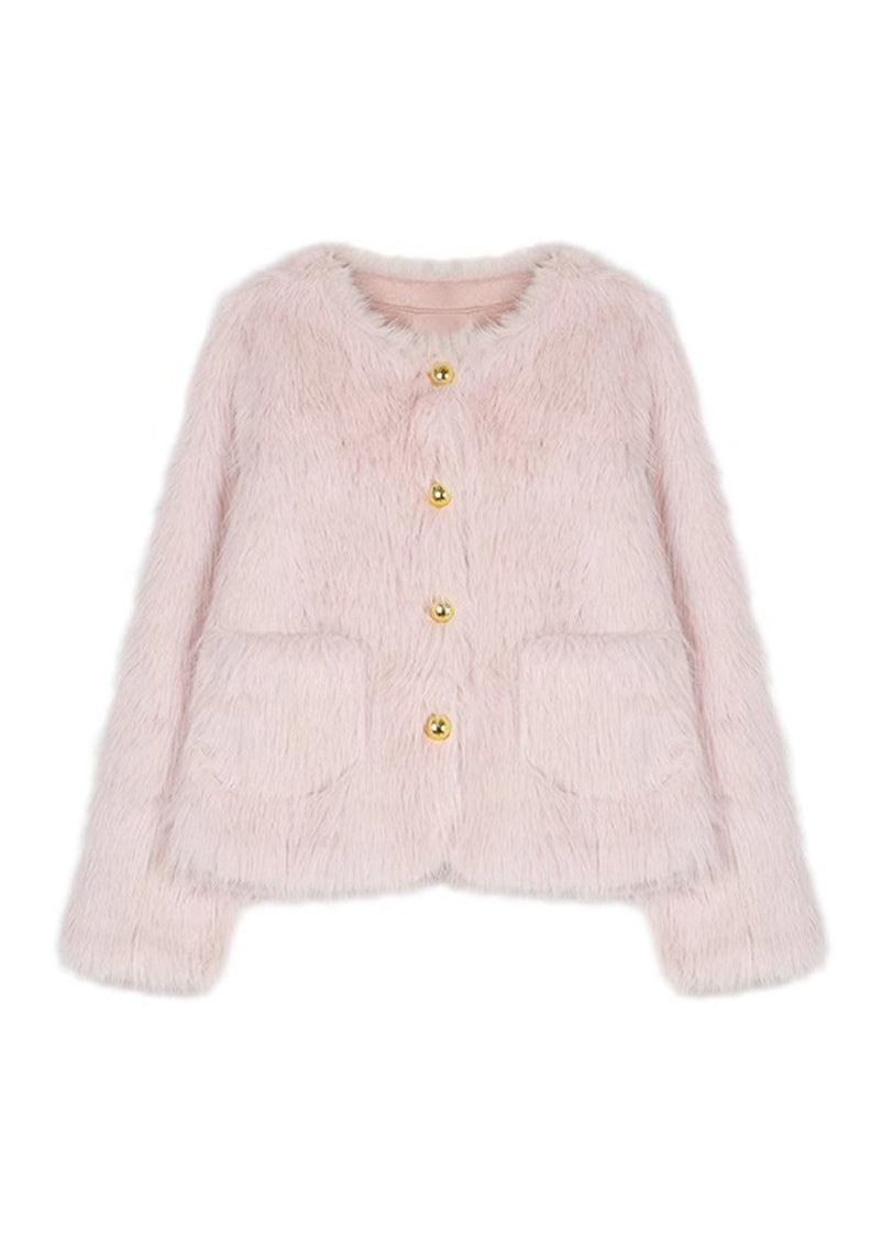 Stylish Pink Pockets Faux Fur Jacket Winter WO021