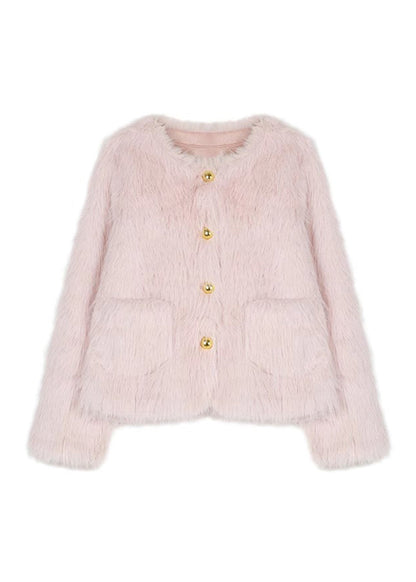 Stylish Pink Pockets Faux Fur Jacket Winter WO021