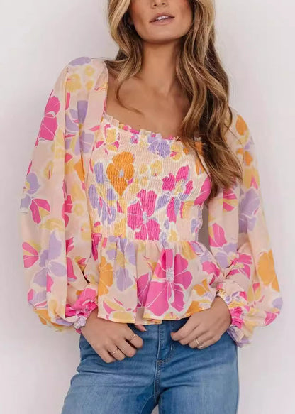 Stylish Pink Square Collar Ruffled Print Tops Fall AU1018