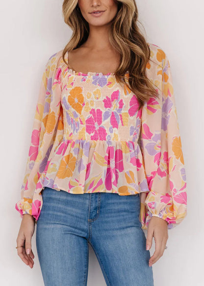 Stylish Pink Square Collar Ruffled Print Tops Fall AU1018