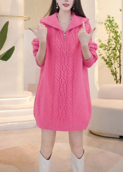 Stylish Pink Zip Up Patchwork Cable Knit Knitwear Dress Winter RF005