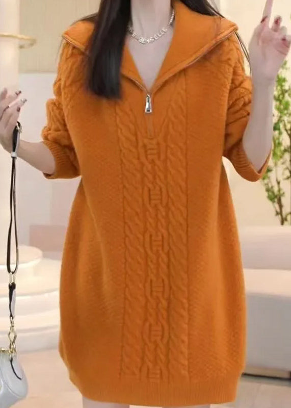 Stylish Pink Zip Up Patchwork Cable Knit Knitwear Dress Winter RF005