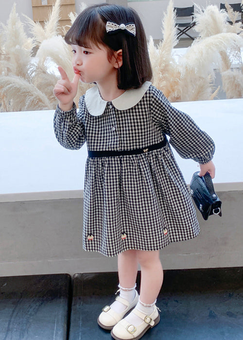 Stylish Plaid Button High Waist Cotton Girls Dress Long Sleeve XZ077