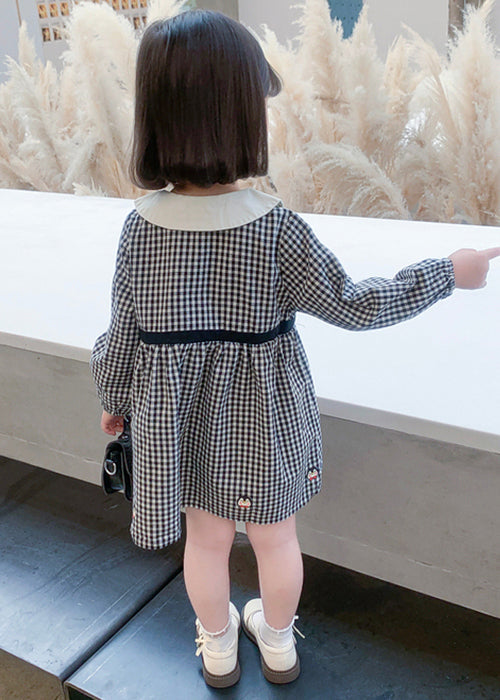 Stylish Plaid Button High Waist Cotton Girls Dress Long Sleeve XZ077