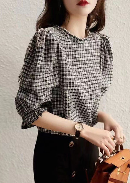 Stylish Plaid Ruffled Button Cotton Shirt Half Sleeve RE023