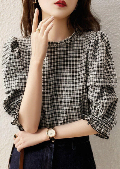 Stylish Plaid Ruffled Button Cotton Shirt Half Sleeve RE023