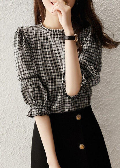 Stylish Plaid Ruffled Button Cotton Shirt Half Sleeve RE023