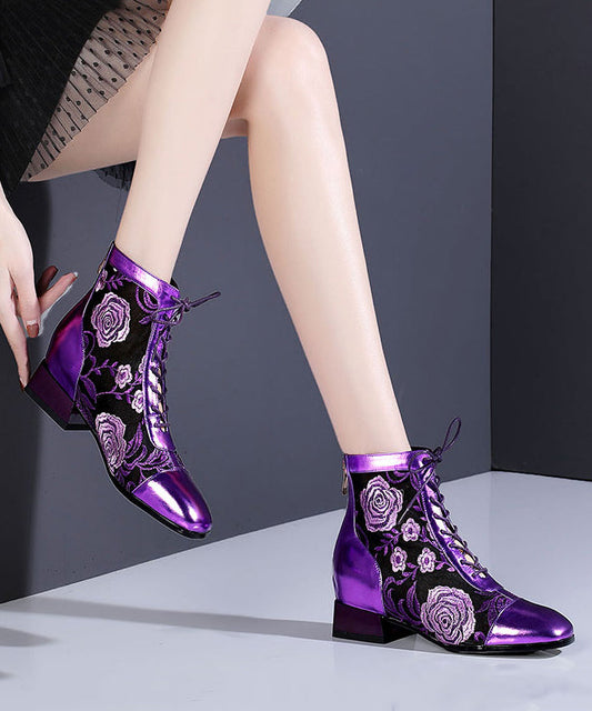 Stylish Purple Lace Up Breathable Mesh Splicing Chunky Boots RT1077