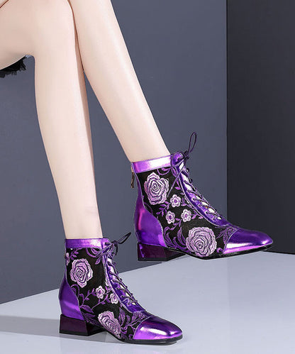 Stylish Purple Lace Up Breathable Mesh Splicing Chunky Boots RT1077