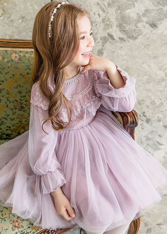 Robe longue élégante en tulle violet à col rond et manches lanternes pour filles, YE022