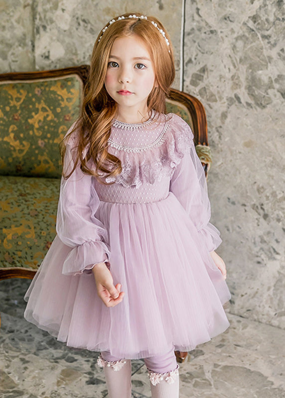 Robe longue élégante en tulle violet à col rond et manches lanternes pour filles, YE022