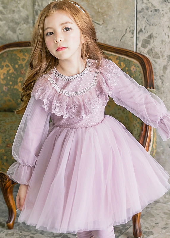 Robe longue élégante en tulle violet à col rond et manches lanternes pour filles, YE022