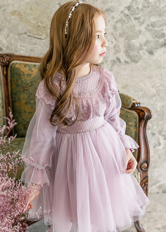 Robe longue élégante en tulle violet à col rond et manches lanternes pour filles, YE022