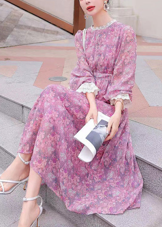 Stylish Purple Print Lace Patchwork Chiffon Holiday Dress Summer XX060