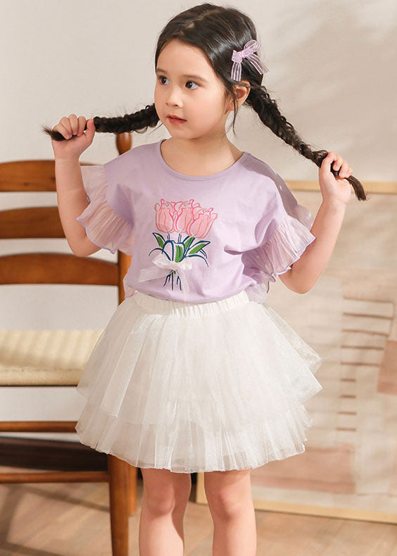 Stylish Purple Print Tulle Patchwork Girls Top And Pleated Skirts Two Pieces Set Summer SS1011