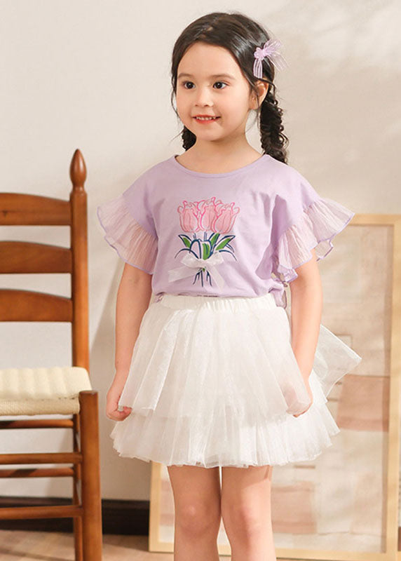 Stylish Purple Print Tulle Patchwork Girls Top And Pleated Skirts Two Pieces Set Summer SS1011