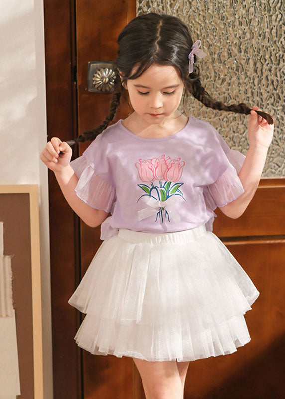 Stylish Purple Print Tulle Patchwork Girls Top And Pleated Skirts Two Pieces Set Summer SS1011