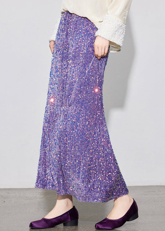 Jupe élastique en soie, printemps, paillettes élégantes, taille en velours, violet