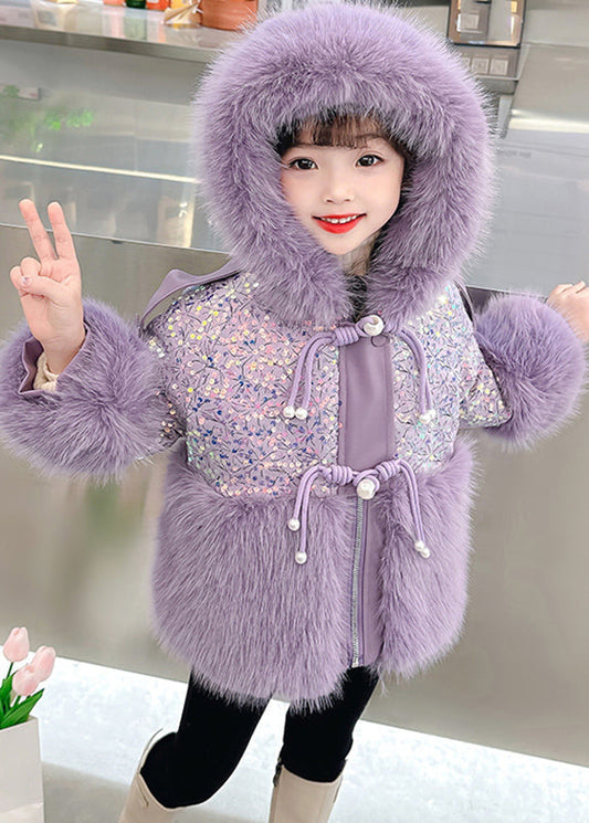 Stylish Purple Sequins Patchwork Girls Hooded Parka Winter WL028