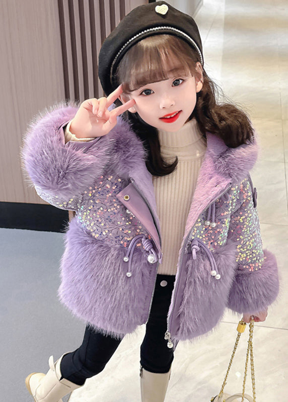 Stylish Purple Sequins Patchwork Girls Hooded Parka Winter WL028