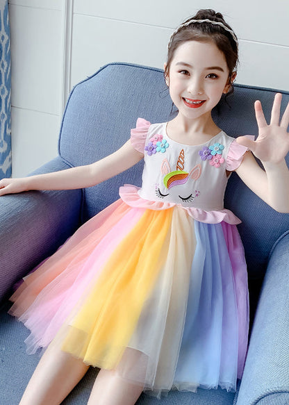 Stylish Rainbow O-Neck Tulle Patchwork Cotton Girls Dress Summer EW053