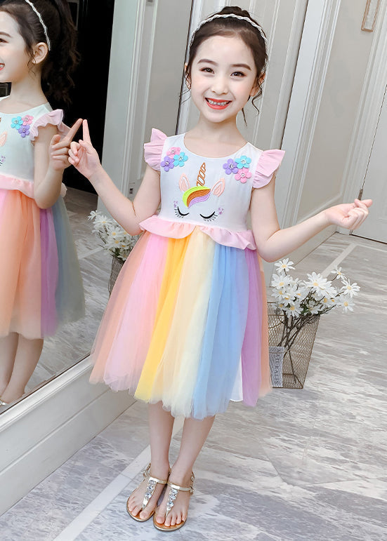 Robe élégante en coton patchwork à col rond et tulle arc-en-ciel pour filles, été EW053