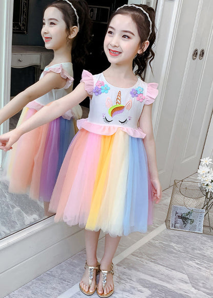 Stylish Rainbow O-Neck Tulle Patchwork Cotton Girls Dress Summer EW053