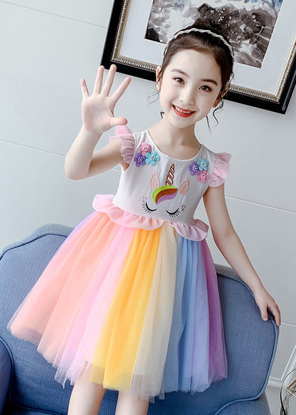 Stylish Rainbow O-Neck Tulle Patchwork Cotton Girls Dress Summer EW053