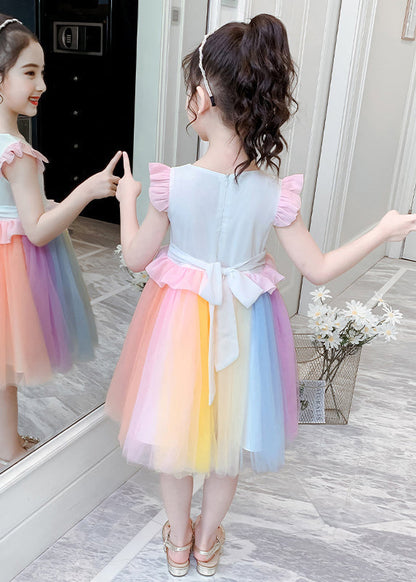 Stylish Rainbow O-Neck Tulle Patchwork Cotton Girls Dress Summer EW053