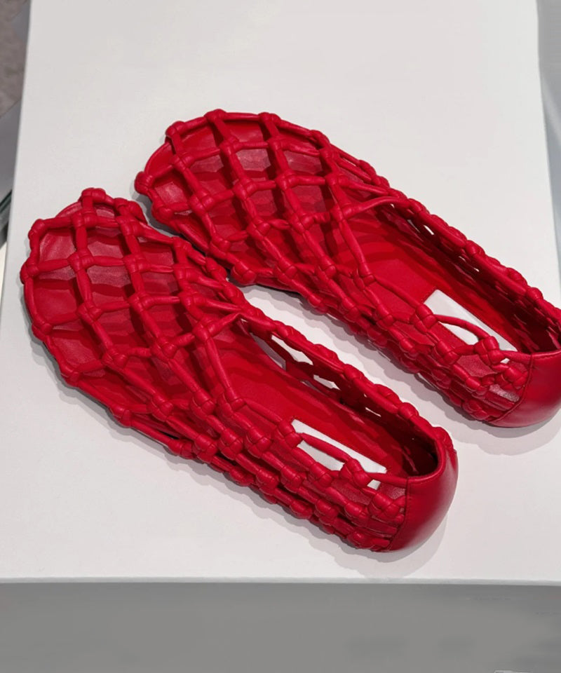 Stilvolle Walking Sandalen Hohl Rindsleder Spleißen Rot Aus Leder