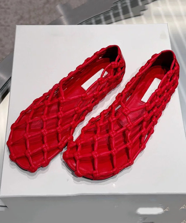 Stilvolle Walking Sandalen Hohl Rindsleder Spleißen Rot Aus Leder