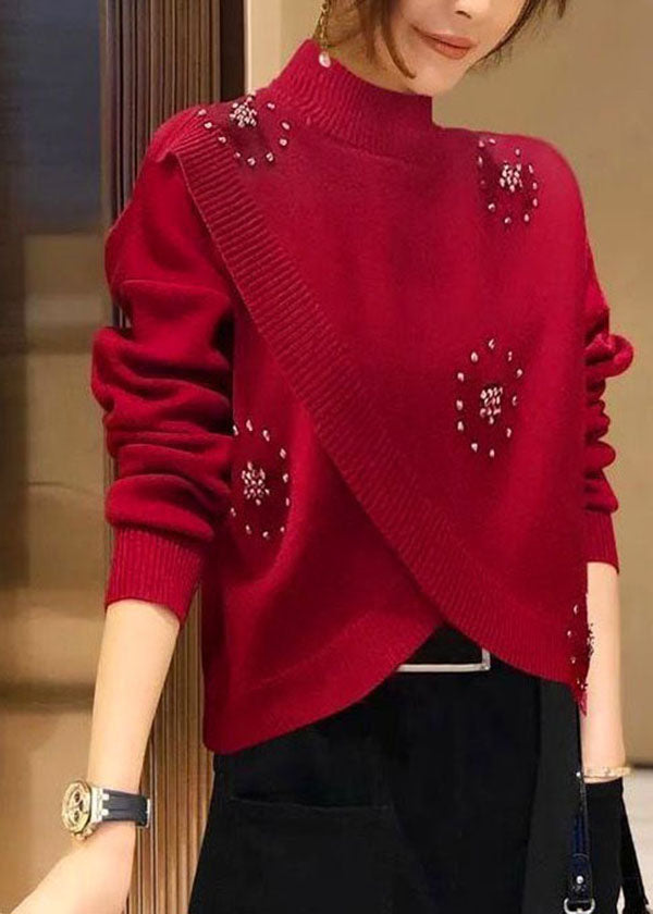 Pull en laine rouge élégant à col montant et perles cloutées, printemps TZ041