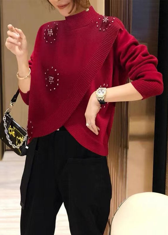 Pull en laine rouge élégant à col montant et perles cloutées, printemps TZ041