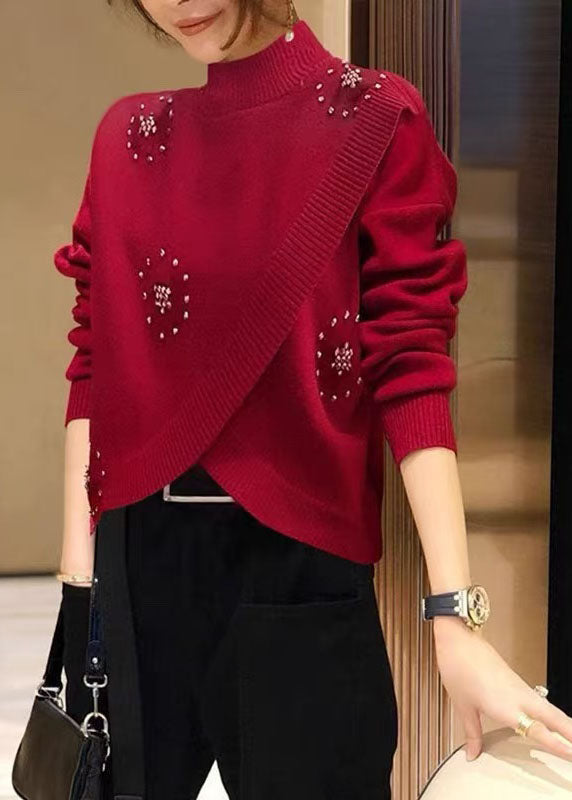 Pull en laine rouge élégant à col montant et perles cloutées, printemps TZ041