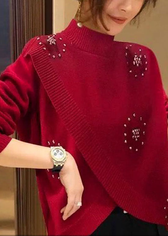 Pull en laine rouge élégant à col montant et perles cloutées, printemps TZ041