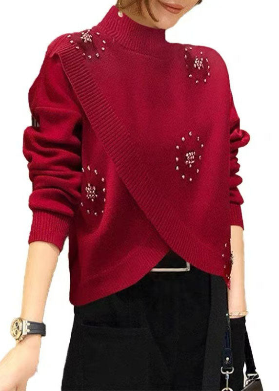 Pull en laine rouge élégant à col montant et perles cloutées, printemps TZ041