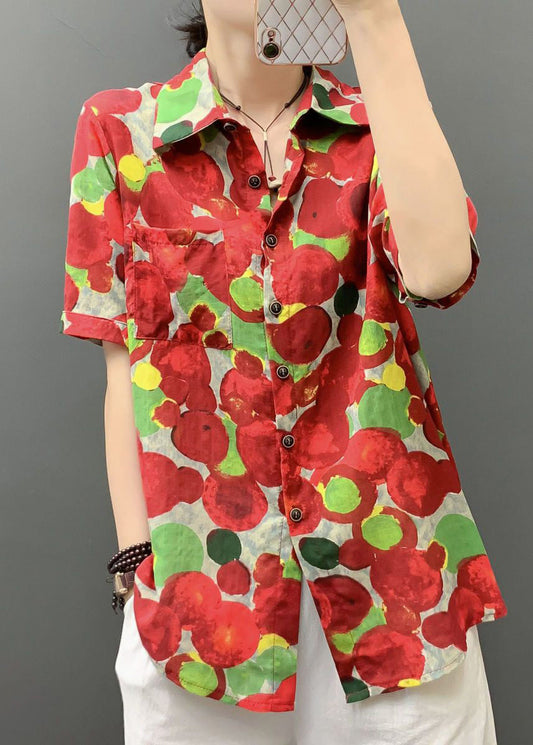 Stylish Red Print Button Pockets Cotton Blouses Short Sleeve AU1041